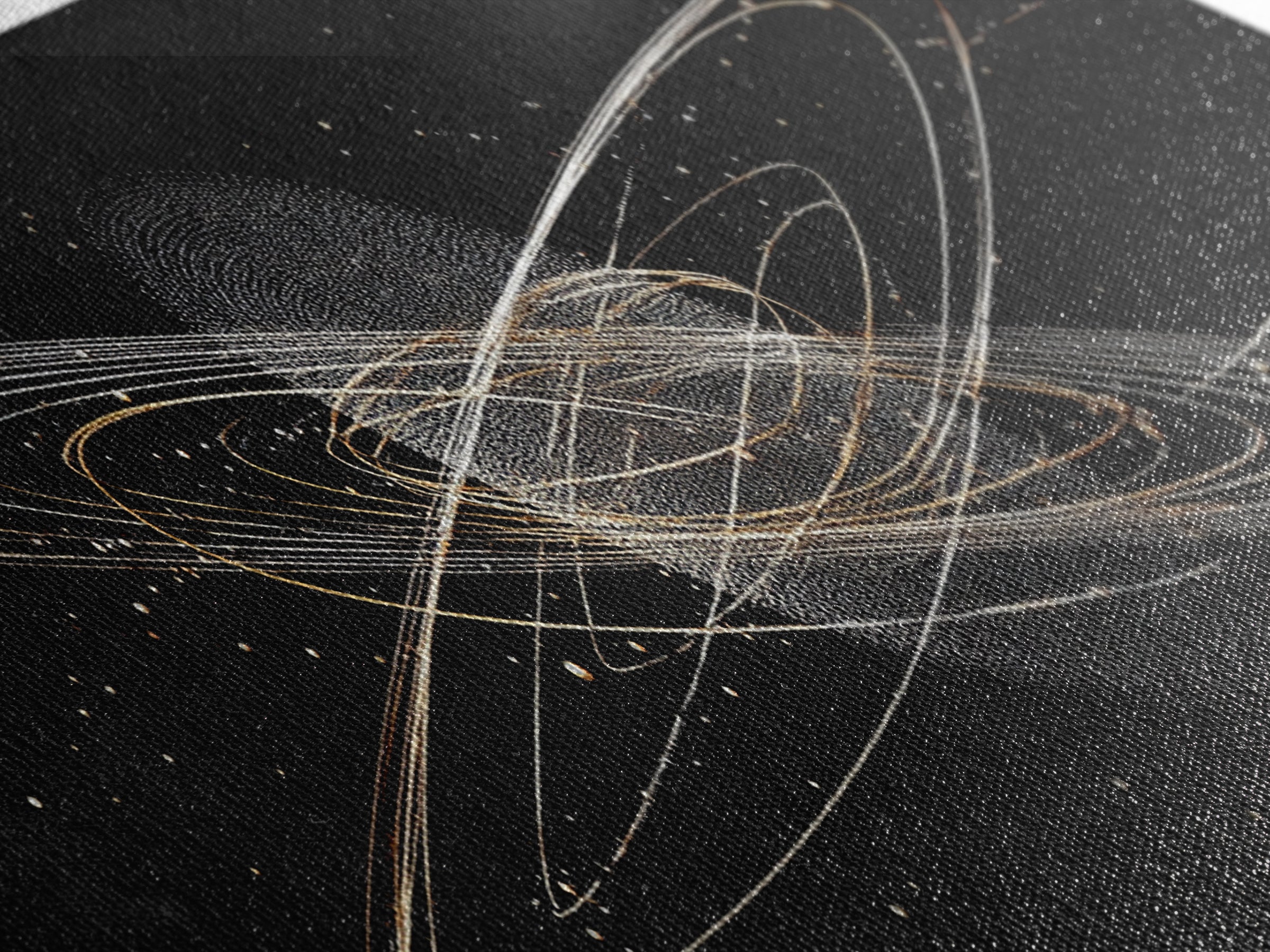 Golden Saturn Orbit Particle Rings On Black, Cosmic Wall Art, Modern Abstract Art Print, Space Framed Canvas Print, For Office Decor