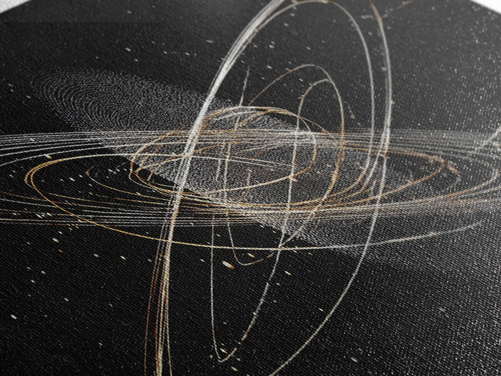 Golden Saturn Orbit Particle Rings On Black, Cosmic Wall Art, Modern Abstract Art Print, Space Framed Canvas Print, For Office Decor
