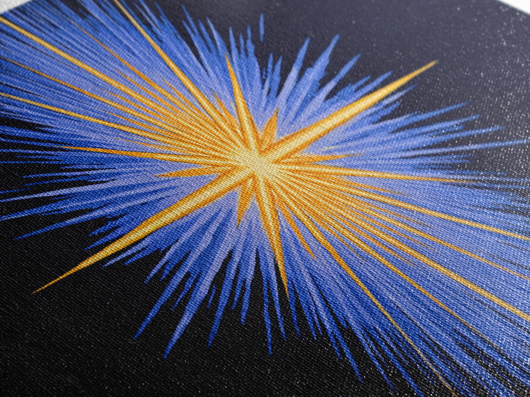 Blue Orange Radiant Starburst Canvas Print, Modern Abstract Wall Art, Cosmic Space Poster, Bold Geometric Living Room Decor