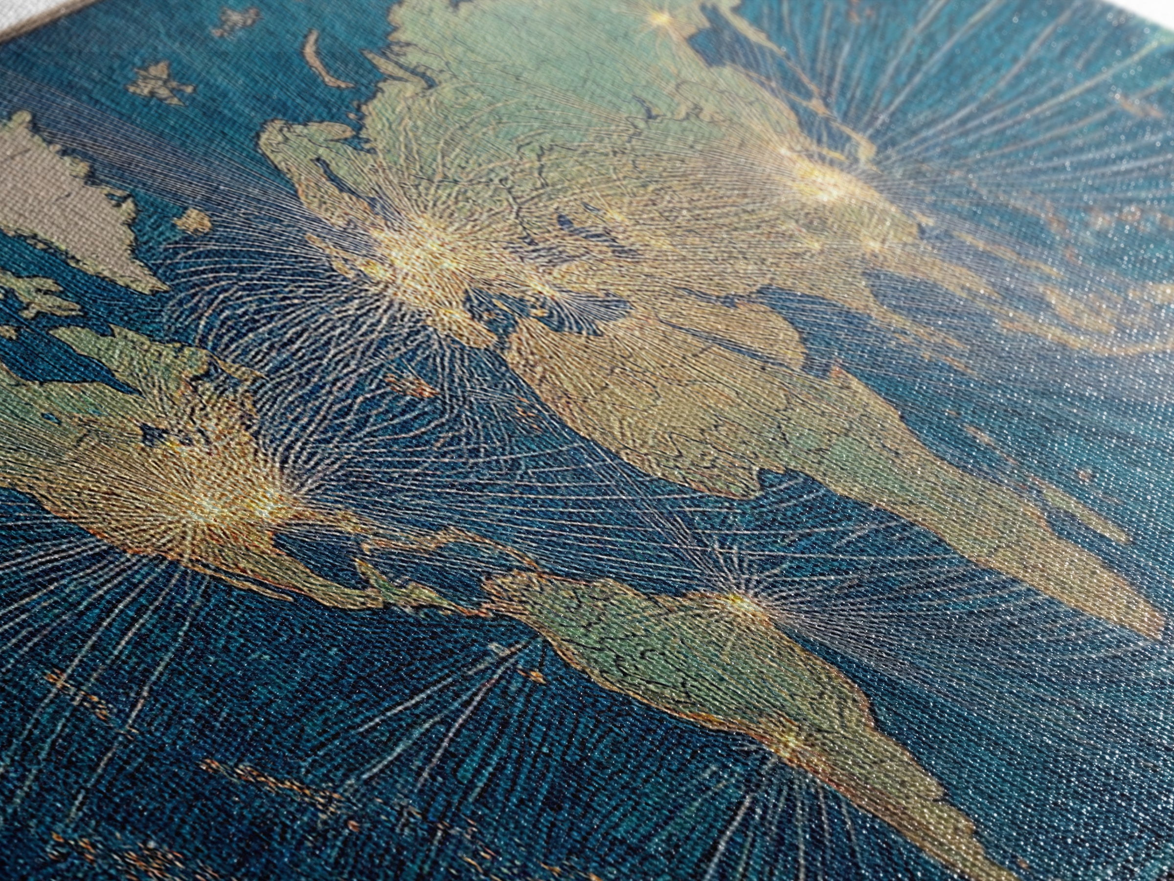 Blue Gold World Map Wall Art, Midcentury Modern Travel Poster, Geometric Global Lines Canvas Print, Office Wall Decor, Gift