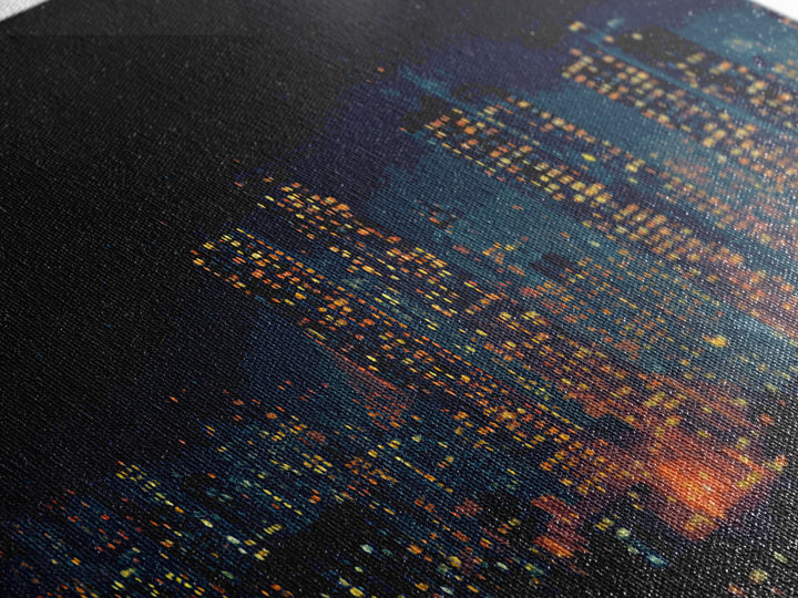 Glowing Night City Skyline Wall Art, Modern Urban Photography Print, Skyscraper Lights Poster, Apartment Living Room Decor