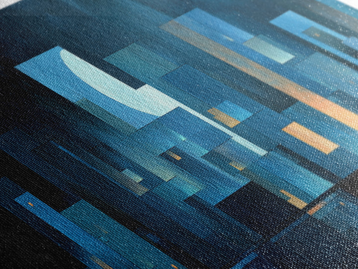 Blue Moon Geometric City Skyline Wall Art, Midcentury Modern Art Print, Abstract Urban Night Decor, MCM Living Room Poster