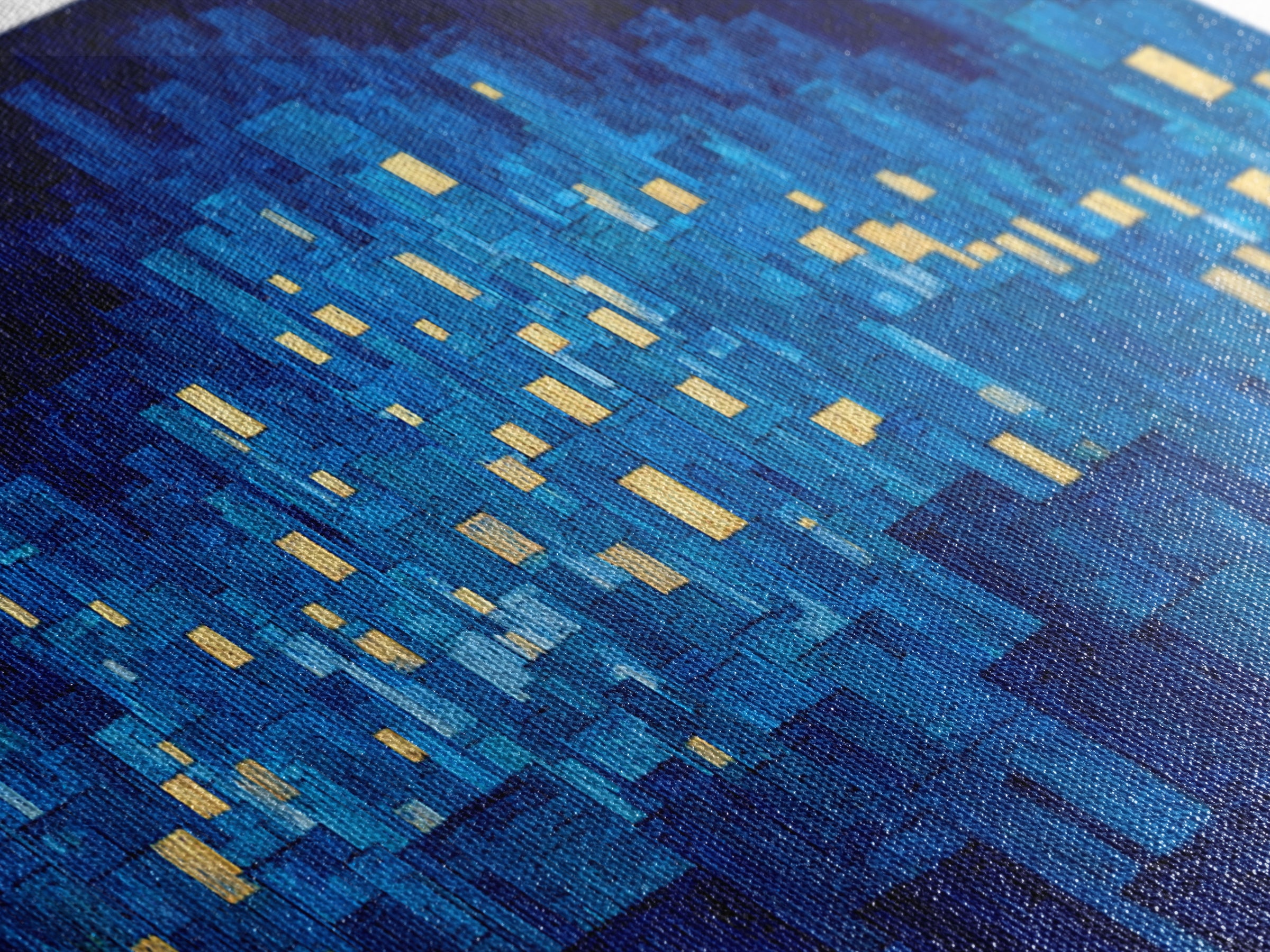 Mosaic Blue City Night Wall Art, Modern Abstract Art Print, Urban Skyline Lights, MCM Wall Decor, Large Living Room Artwork
