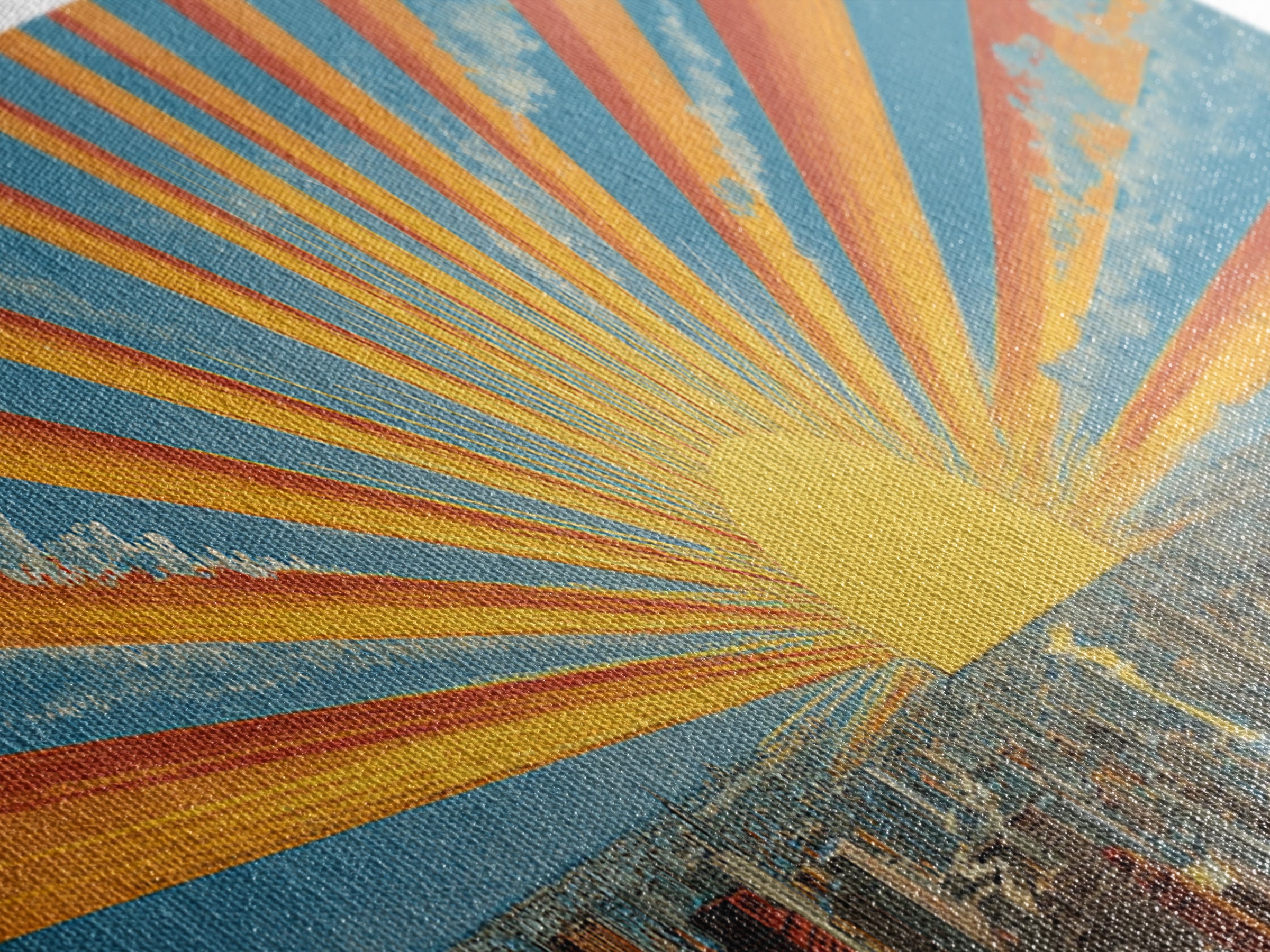 Radiant Sunrise City Skyline Framed Canvas Print, Panoramic Retro Travel Poster, Midcentury Modern Wall Art, Bright Home Decor