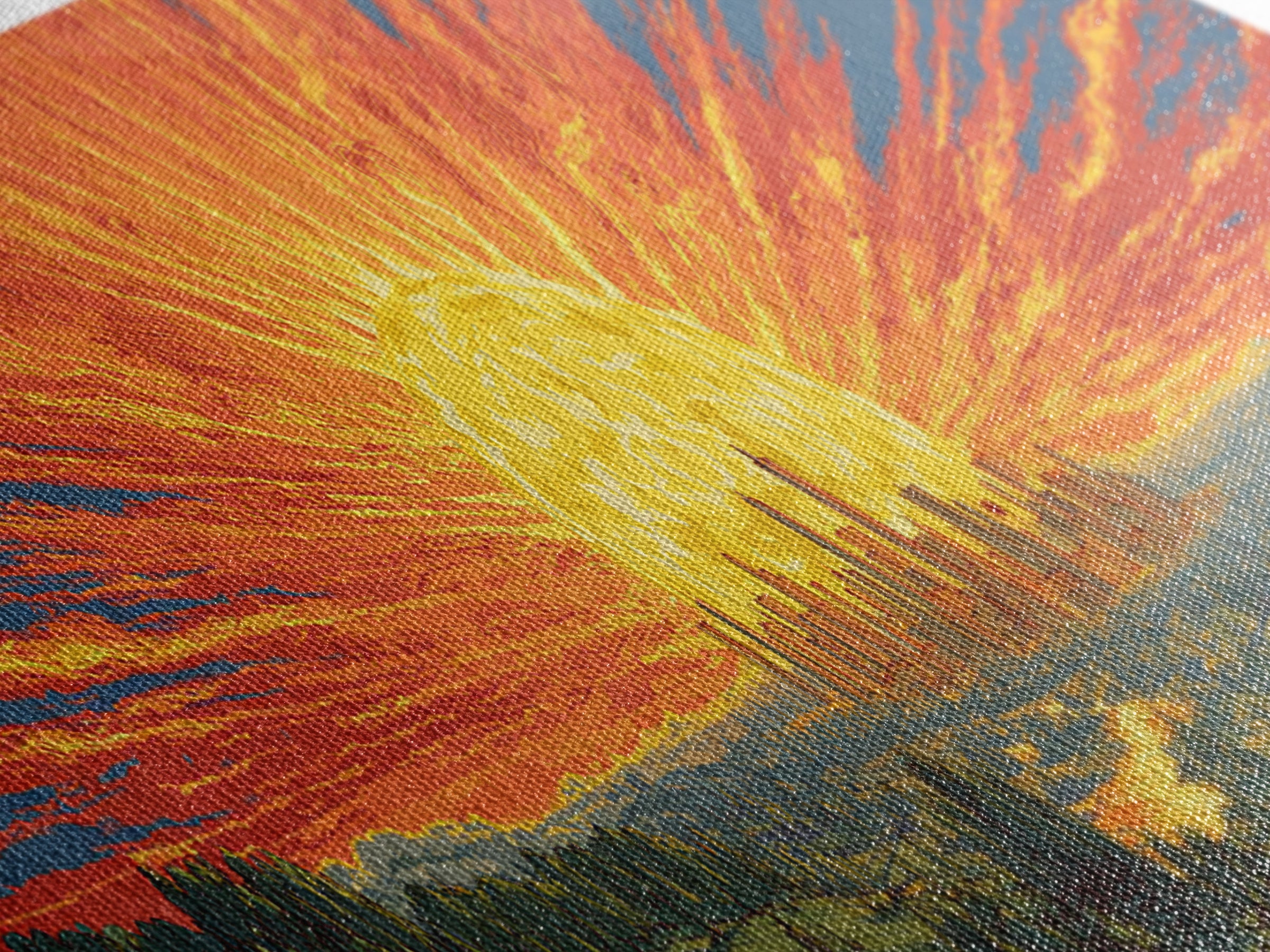 Fiery Solar Cityscape Canvas Print, Panoramic Apocalypse Sunset Poster, Bold Modern Abstract Art, Orange Wall Decor For Home