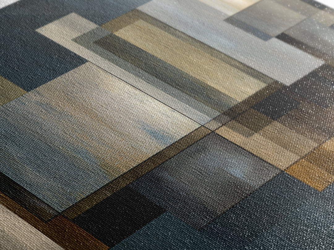 Moody Metallic Rectangle Canvas Print, Modern Abstract Wall Decor, Industrial Geometric Art, Blue Gold Home Office Artwork