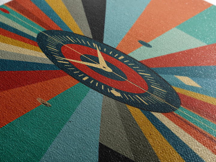 Atomic Clock Sunburst Wall Art, Midcentury Modern Canvas, Retro Geometric Poster, MCM Home Decor, Panoramic Abstract Print