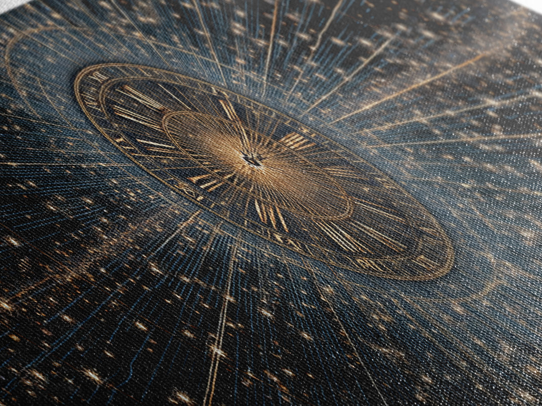 Celestial Clock Time Warp Wall Art, Gold Blue Cosmic Abstract Poster, Modern Space Decor, Panoramic Galaxy Artwork Print