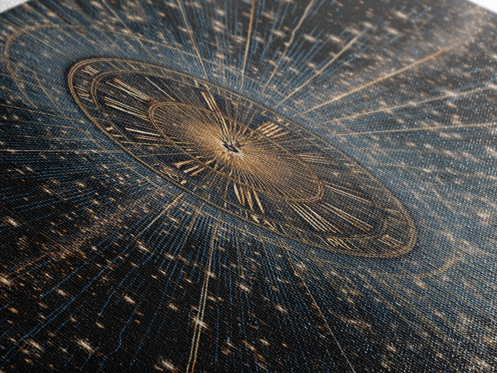 Celestial Clock Time Warp Wall Art, Gold Blue Cosmic Abstract Poster, Modern Space Decor, Panoramic Galaxy Artwork Print