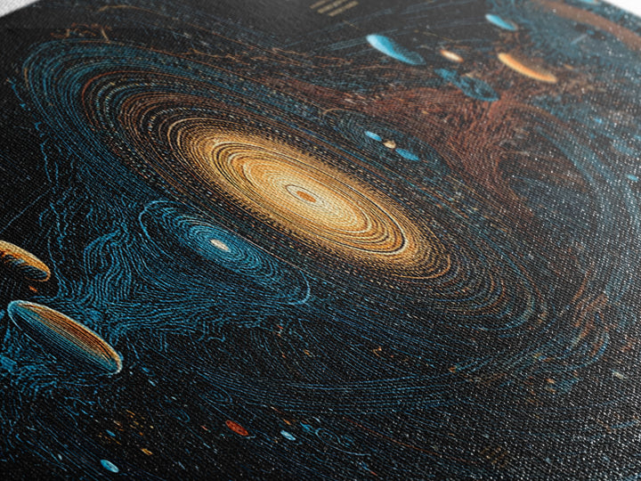 Solar System Energy Map Canvas Print, Blue Gold Cosmic Diagram Poster, Modern Astronomy Wall Decor, Panoramic Space Artwork