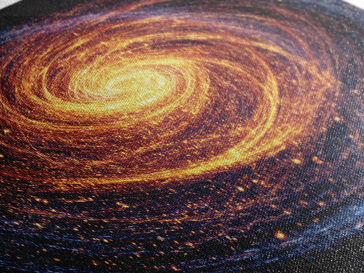 Glowing Spiral Galaxy In Orange And Blue Canvas Print, Cosmic Retro Art, Space Abstract Art, Modern Wall Decor, Panoramic Living Room Art