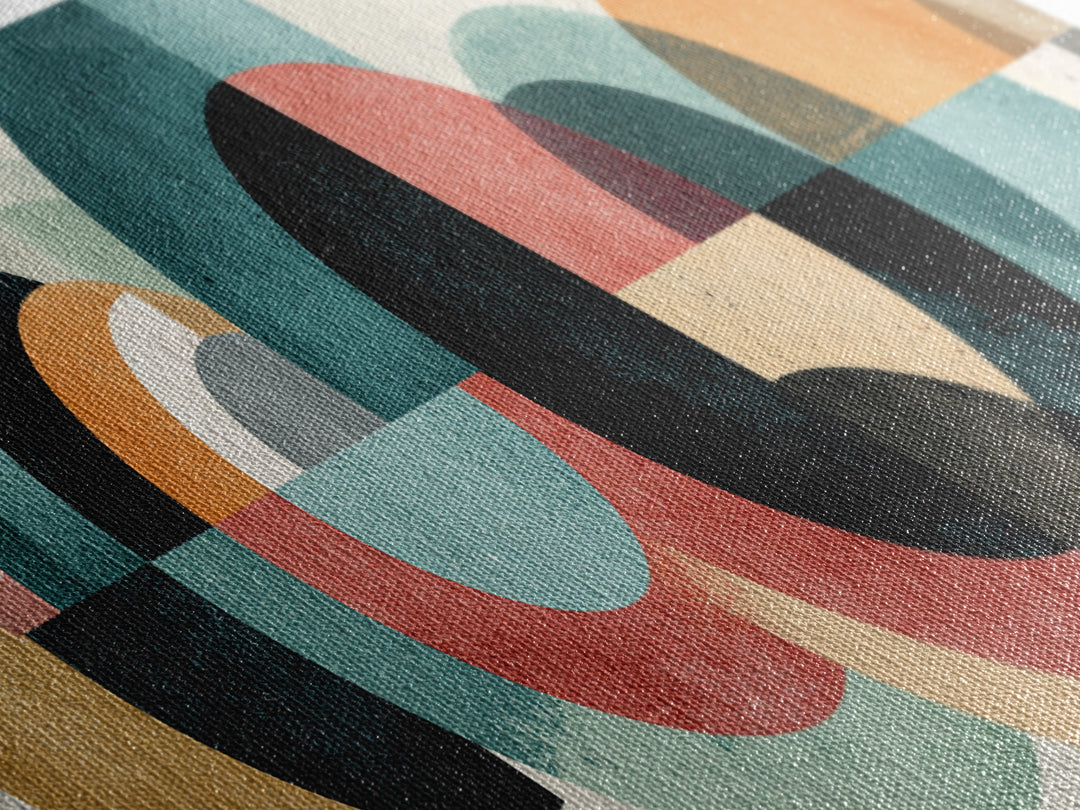Layered Teal Coral Mustard Circle Wall Art, Midcentury Modern Abstract Art, Bauhaus Geometric Decor, Framed Canvas Print