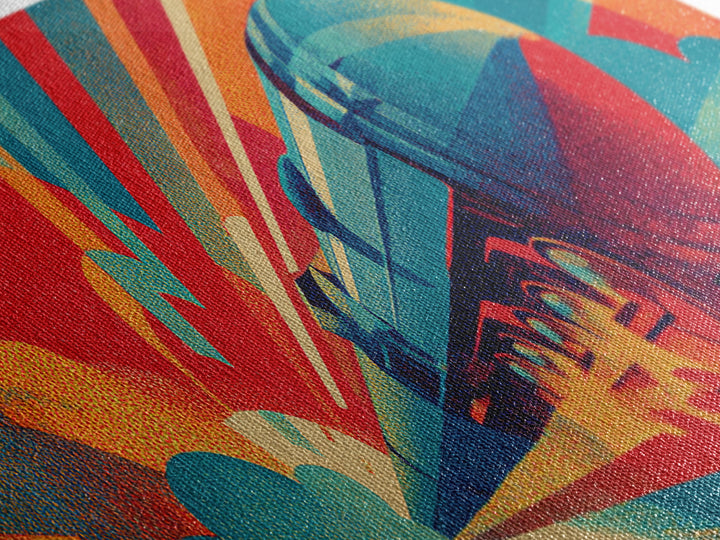 Streamlined Rocket Train Racing Past Red Sun Canvas Print, Midcentury Modern Art, Retro Futuristic Rail Poster, MCM Wall Decor