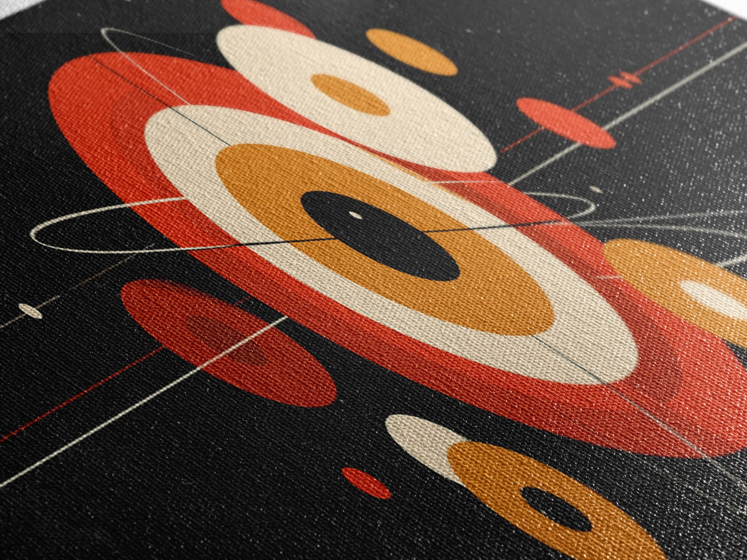 Black Space Abstract With Orange Orbit Circles Wall Art, Midcentury Modern Geometric Print, Atomic MCM Poster, Retro Decor