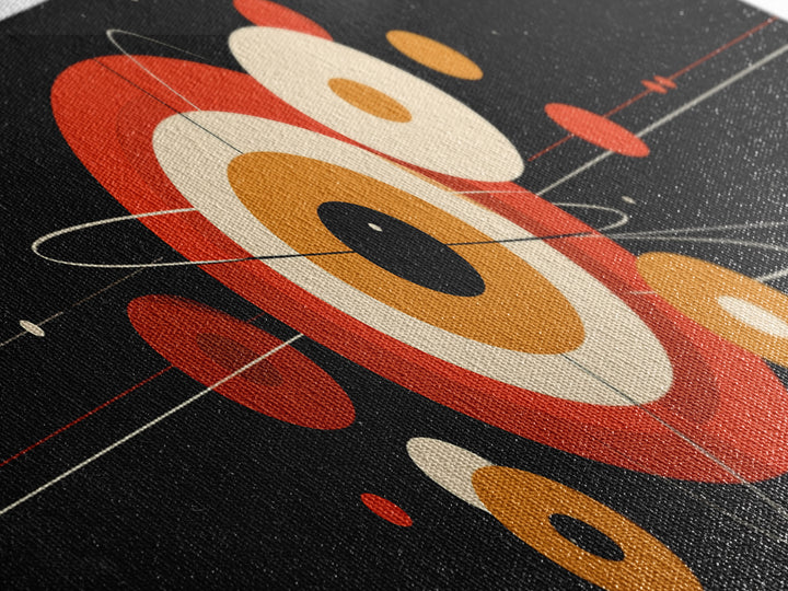 Black Space Abstract With Orange Orbit Circles Wall Art, Midcentury Modern Geometric Print, Atomic MCM Poster, Retro Decor
