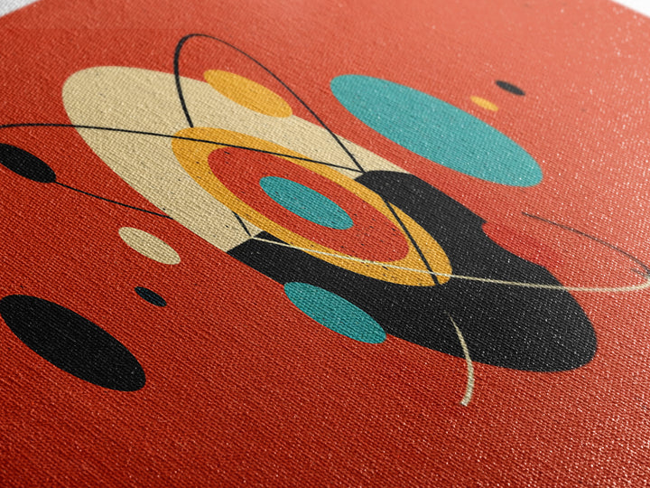 Red Atomic Abstract With Orbiting Circles Canvas Print, Midcentury Modern Wall Art, Geometric MCM Poster, Retro Home Decor