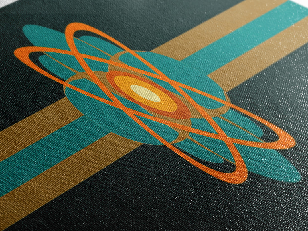 Orange And Teal Atomic Symbol Wall Art, Mid Century Modern Decor, Retro Sci Fi Poster, Space Abstract Art, Modern Art Print