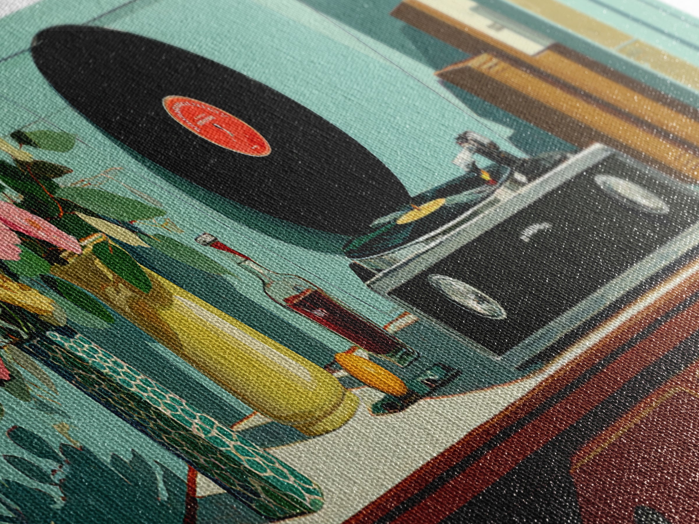 Teal Vinyl And Flower Console Canvas Print, Mid Century Modern Wall Decor, Record Player Art Print, Retro Living Room Decor