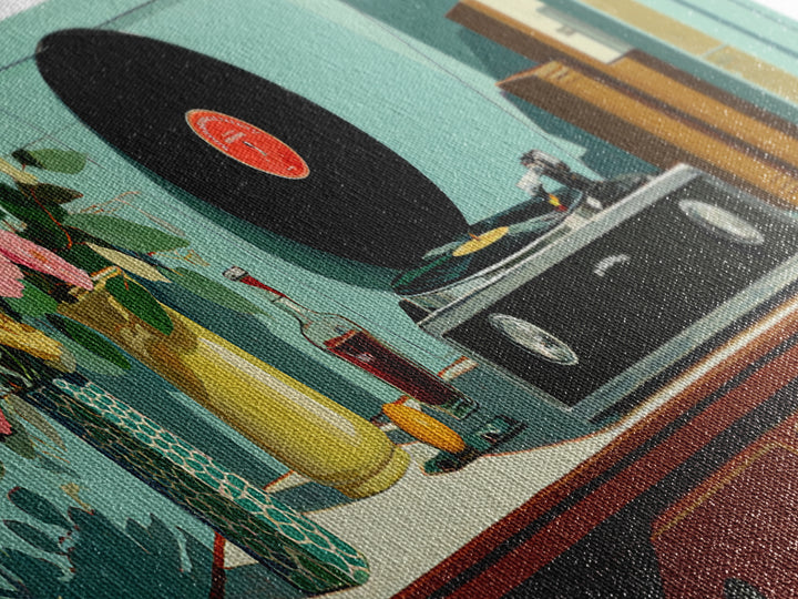 Teal Vinyl And Flower Console Canvas Print, Mid Century Modern Wall Decor, Record Player Art Print, Retro Living Room Decor