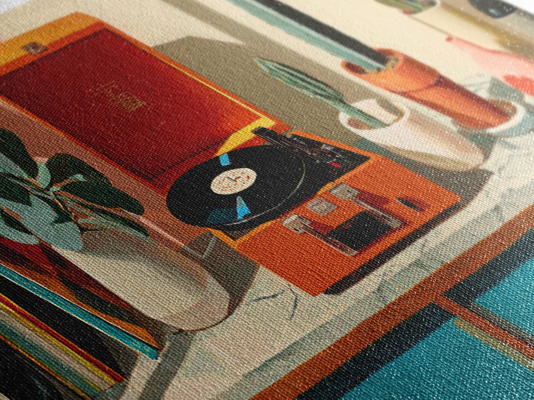 Orange Portable Record Player Wall Art, Mid Century Modern Shelf Decor, Cactus Vinyl Print, Retro Music Room Home Decor Poster
