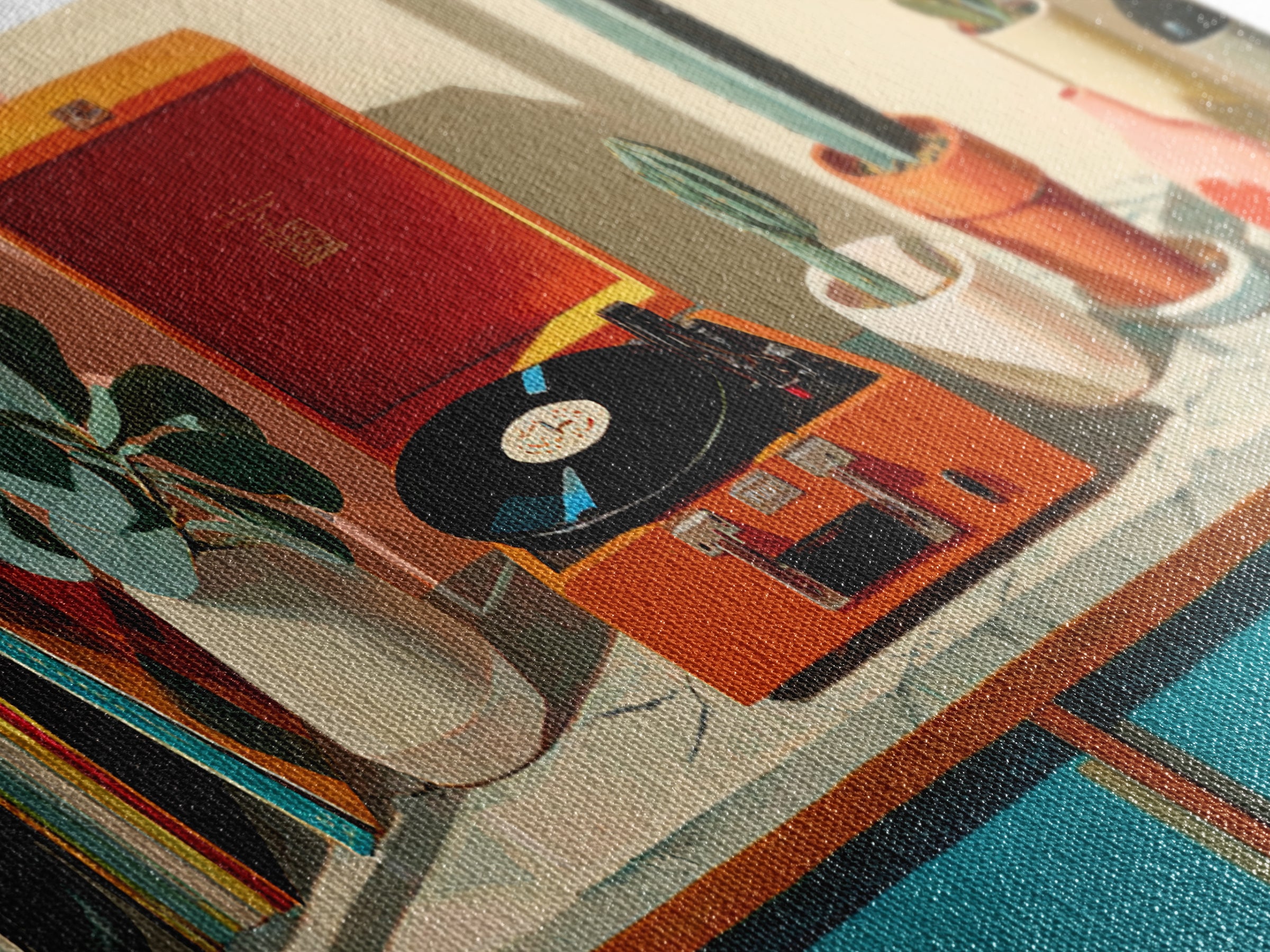 Orange Portable Record Player Wall Art, Mid Century Modern Shelf Decor, Cactus Vinyl Print, Retro Music Room Home Decor Poster