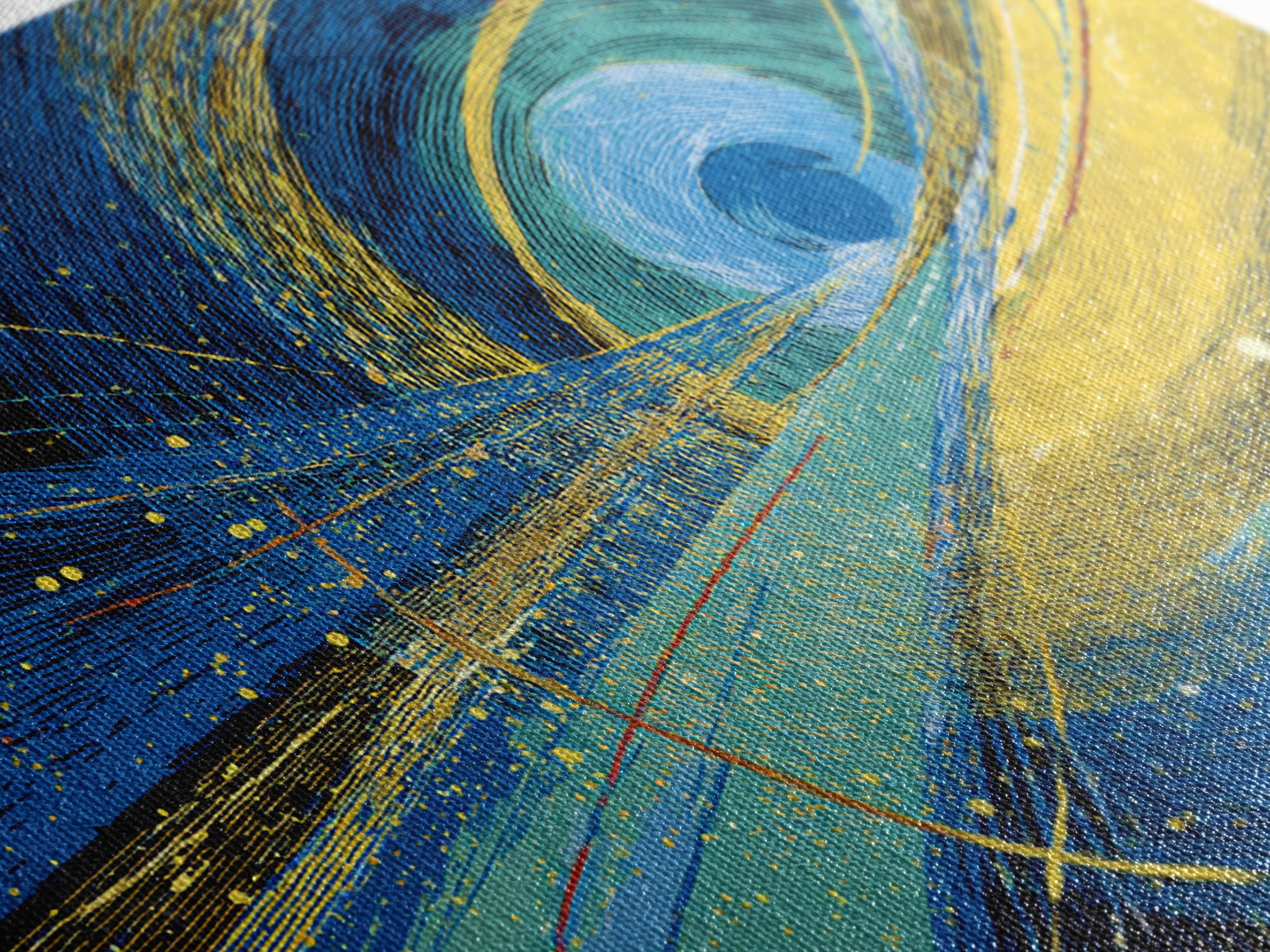 Blue Yellow Cosmic Vortex Abstract Wall Art, Modern Geometric Space Print, Midcentury Decor, Large Canvas Print, Living Room Decor
