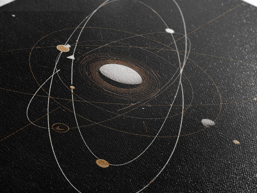 Gold Atomic Orbit Diagram Wall Art, Midcentury Modern Space Abstract Art, Geometric Black Home Wall Decor, MCM Canvas Print