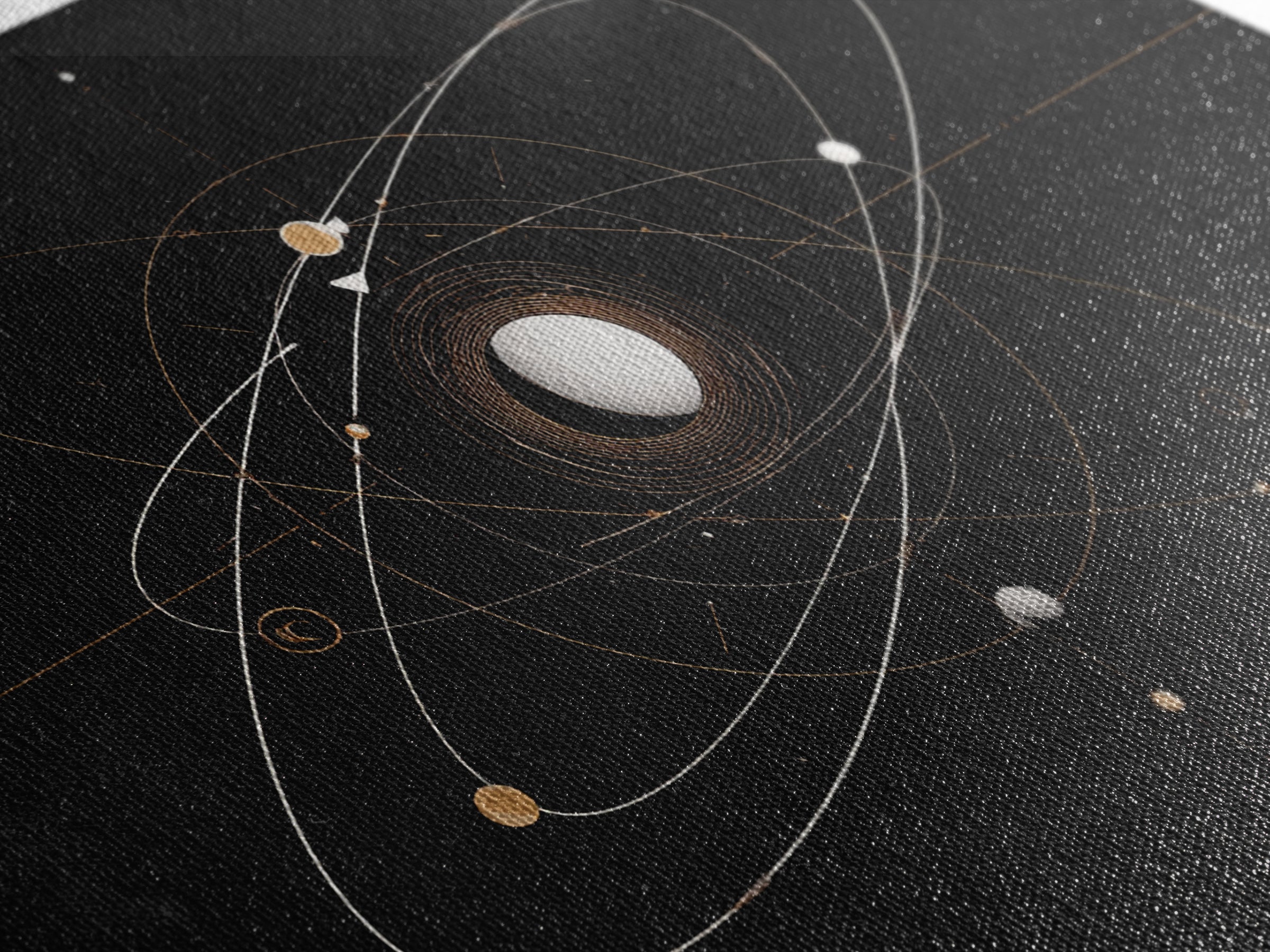 Gold Atomic Orbit Diagram Wall Art, Midcentury Modern Space Abstract Art, Geometric Black Home Wall Decor, MCM Canvas Print