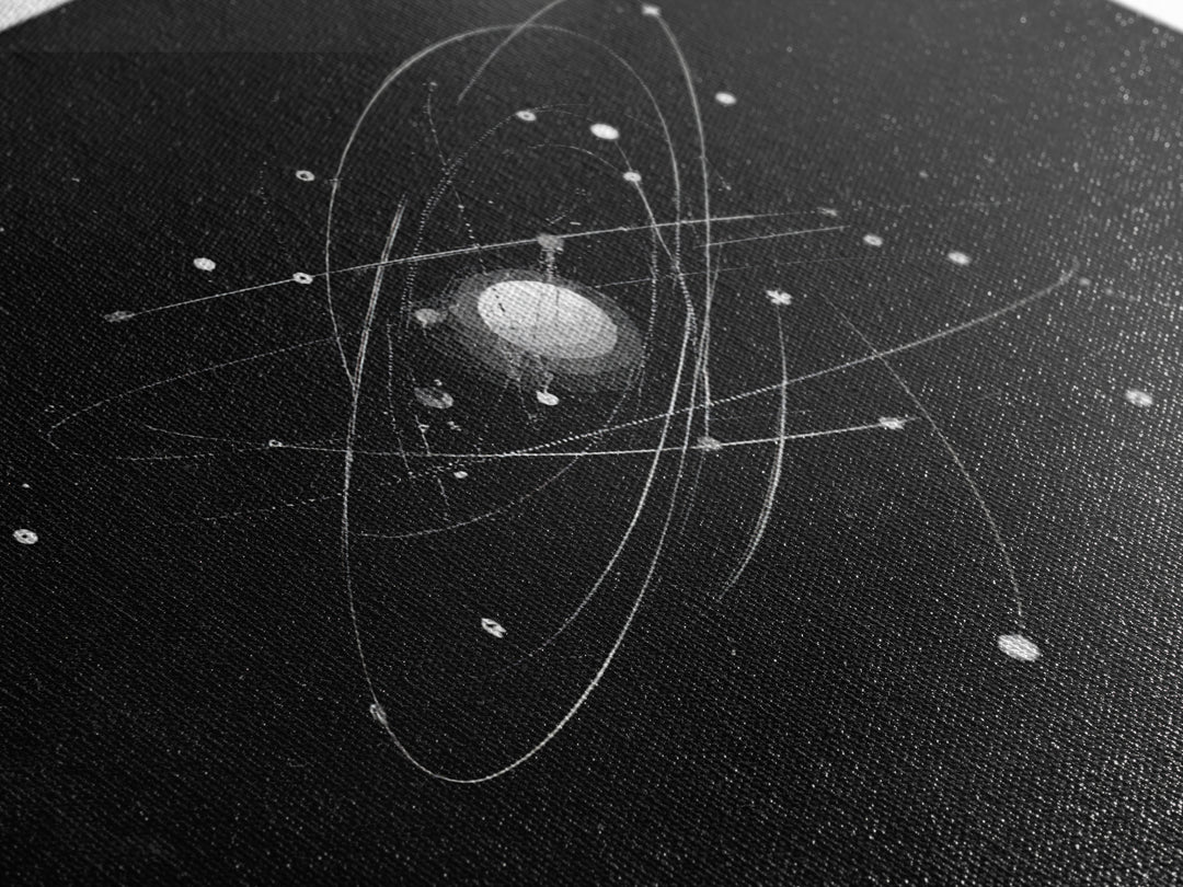 Silver Atomic Orbit Lines Wall Art, Modern Abstract Space Poster, Black And White Geometric Decor, Midcentury Canvas Print