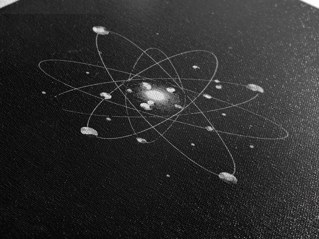 Bright Atomic Nucleus Orbit Wall Art, Black And White Modern Art Print, Geometric Space Decor Poster, Midcentury Canvas Print