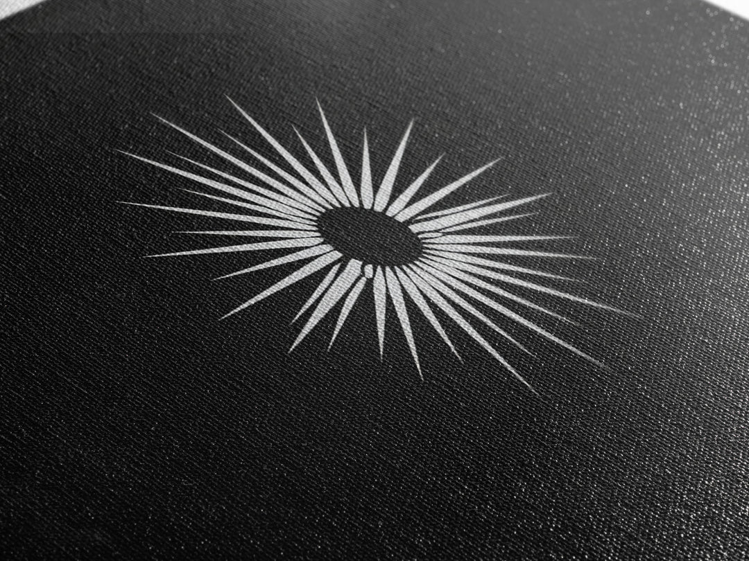White Sunburst Eclipse Wall Art, Minimalist Black Modern Art Print, Midcentury Atomic Geometric Decor, Framed Canvas Print