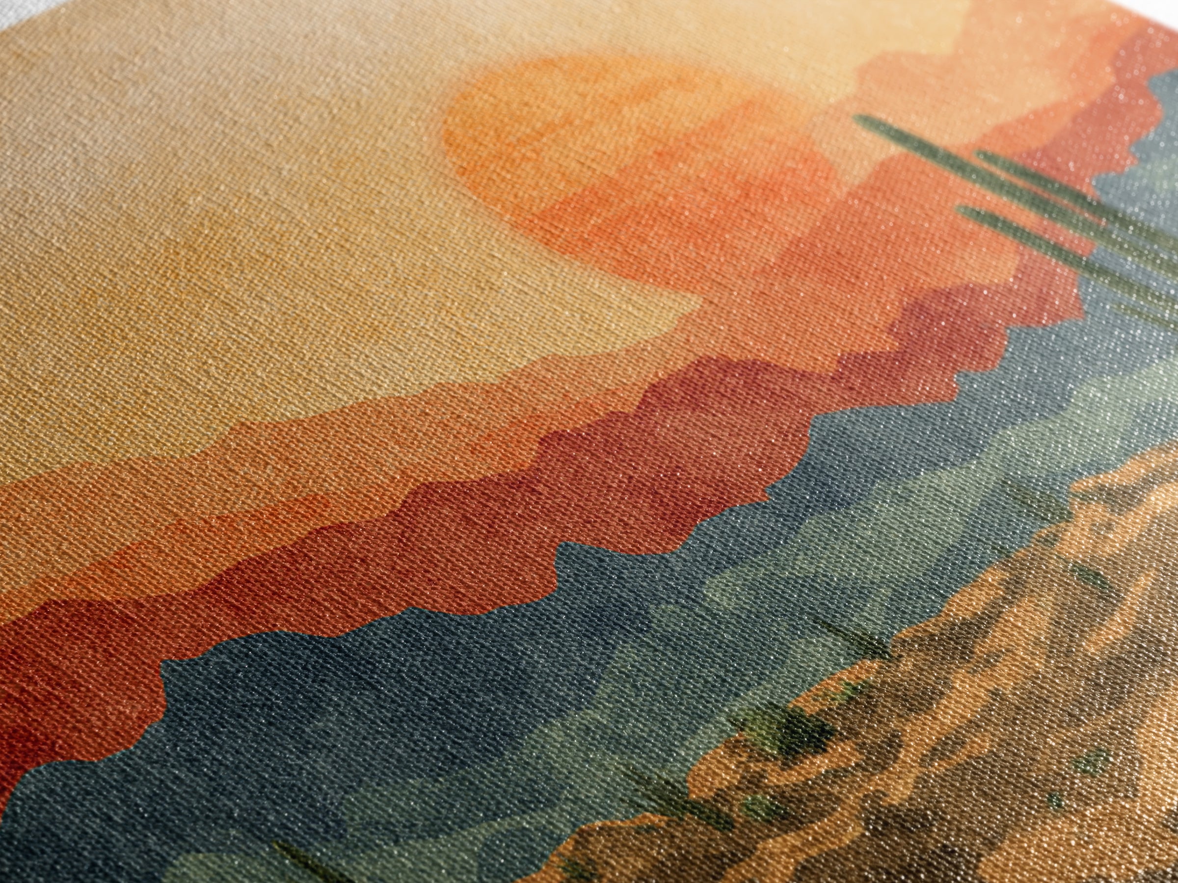 Textured Desert Mountains Wall Art, Orange Sunset Cactus Print, Midcentury Modern Landscape, Southwestern Living Room Decor