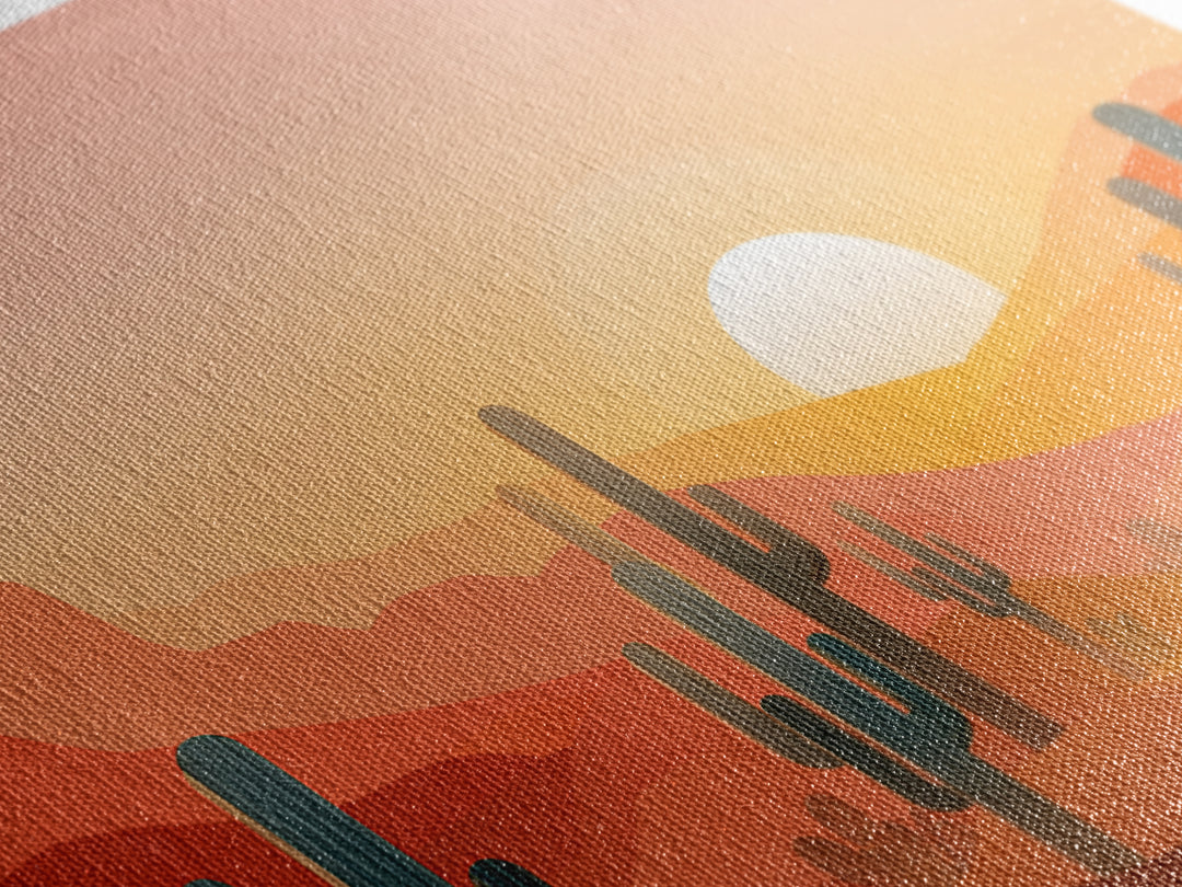 Golden Saguaro Desert Sunset Canvas Print, Midcentury Modern Wall Art, Warm Orange Southwestern Poster, Boho Home Decor, MCM Decor