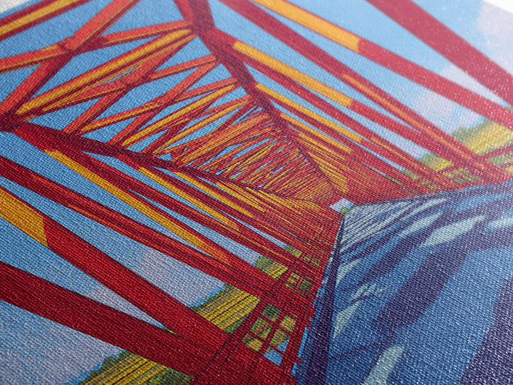 Red Truss Bridge Perspective Wall Art, Geometric Architecture Canvas Print, Bold Modern Decor, Office Poster, Travel Gift