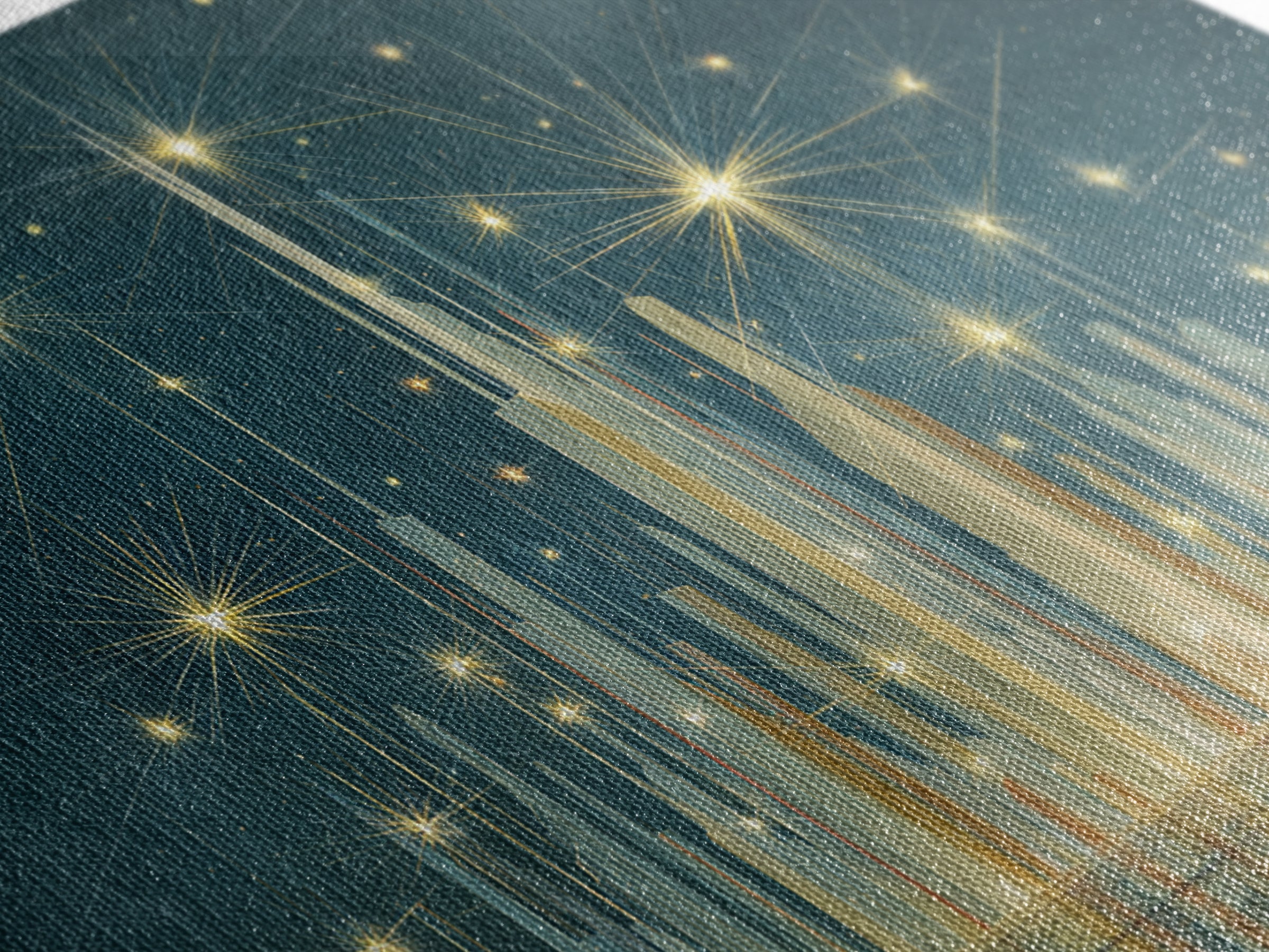 Golden Art Deco Skyline Wall Art, Firework Starburst Cityscape Canvas Print, Teal Modern Decor, Living Room Poster Gift