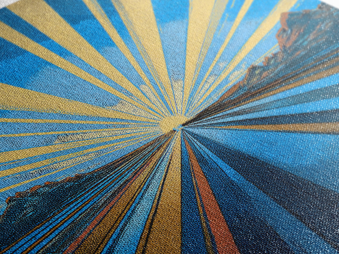 Blue Gold Sunburst Road Wall Art, Midcentury Modern Poster, Geometric Landscape Print, Retro Travel Decor, Office Decor Gift