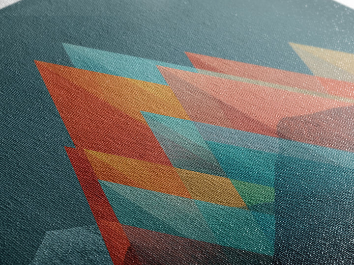 Transparent Geometric Mountain Peaks Canvas Print, Mid Century Modern Abstract Art, Teal Orange Wall Decor, Living Room Print