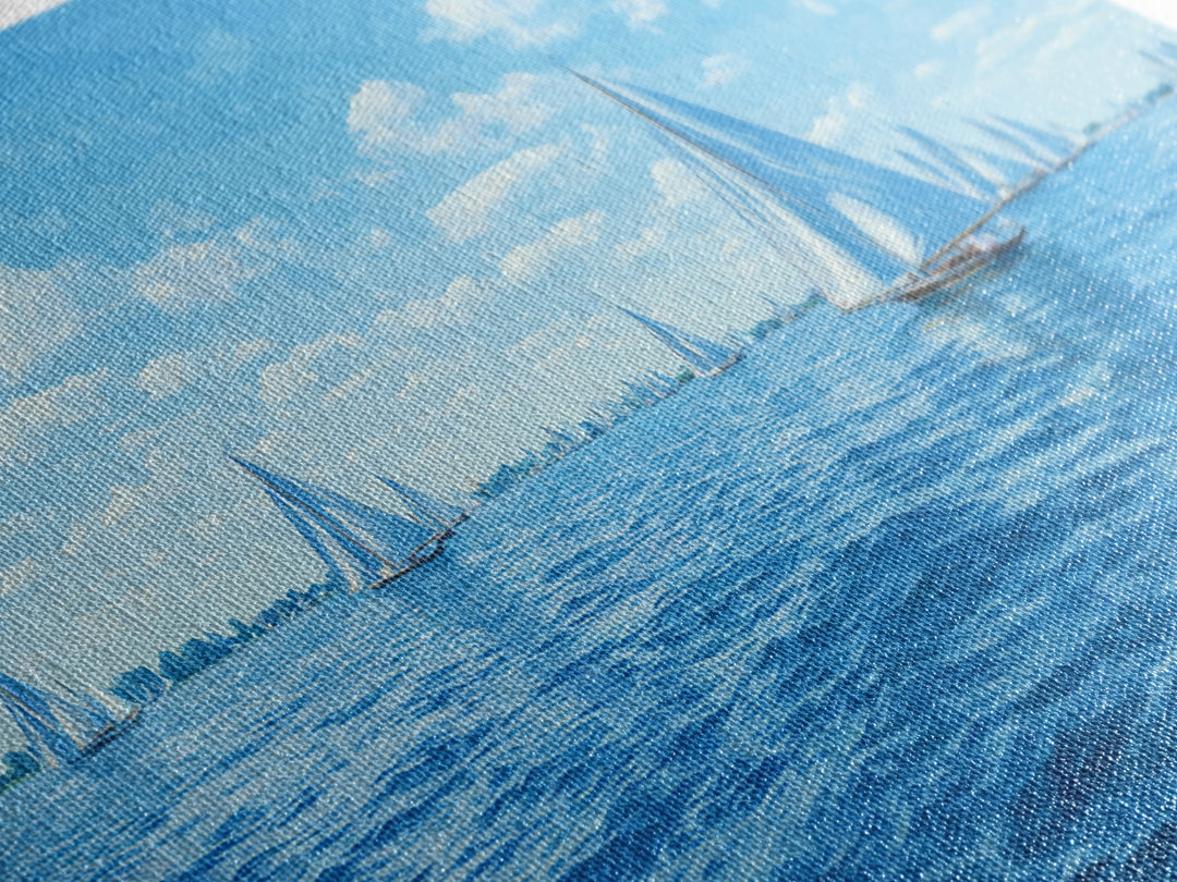 Blue Sailboats On Sparkling Summer Sea Wall Art, Coastal Modern Art Print, Nautical Decor, Beach House Living Room Poster