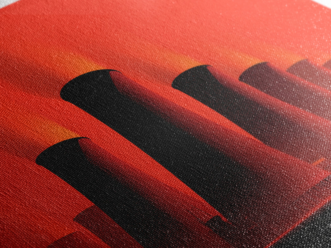 Red Nuclear Cooling Tower Silhouettes Canvas Print, Midcentury Modern Art, Retro Wall Art, Bold Orange Modern Home Decor