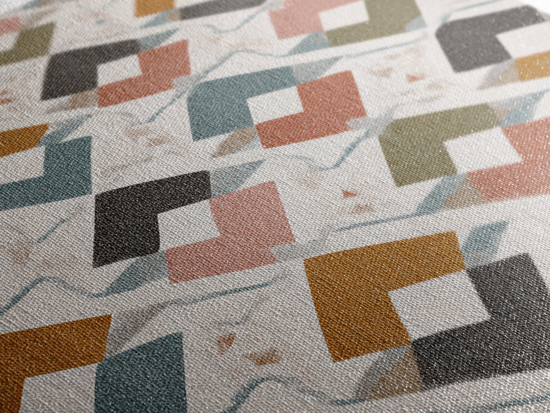 Retro Interlocking Square Pattern Wall Art, Mid Century Modern Decor, Geometric Canvas Print, Muted Color Textile Poster