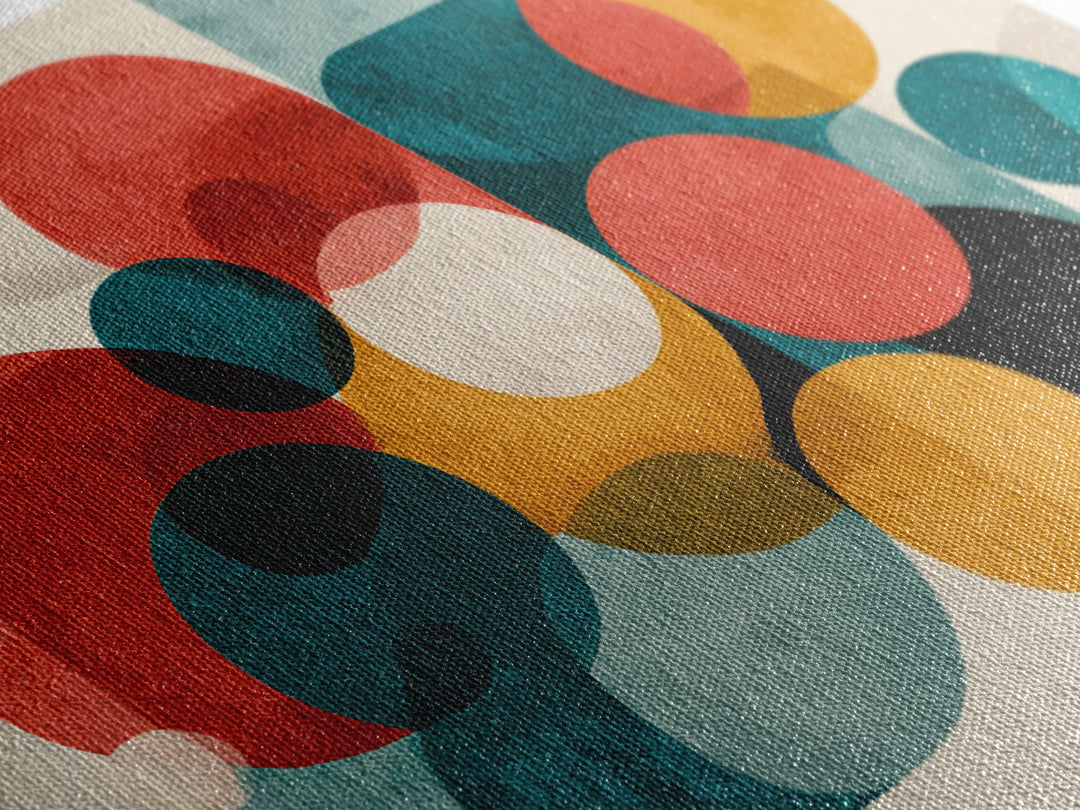 Red Teal Mustard Circle Wall Art, Midcentury Abstract Canvas Print, Geometric Shapes Art, Modern Home Decor, Office Decor