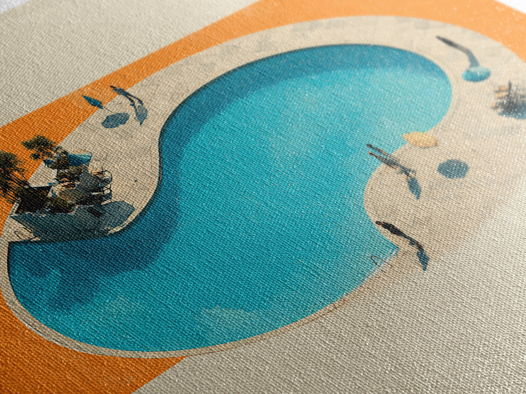 Aerial Kidney Pool With Orange Field Wall Art, Mid Century Modern Canvas Print, Minimalist Retro Home Decor, Pool Poster