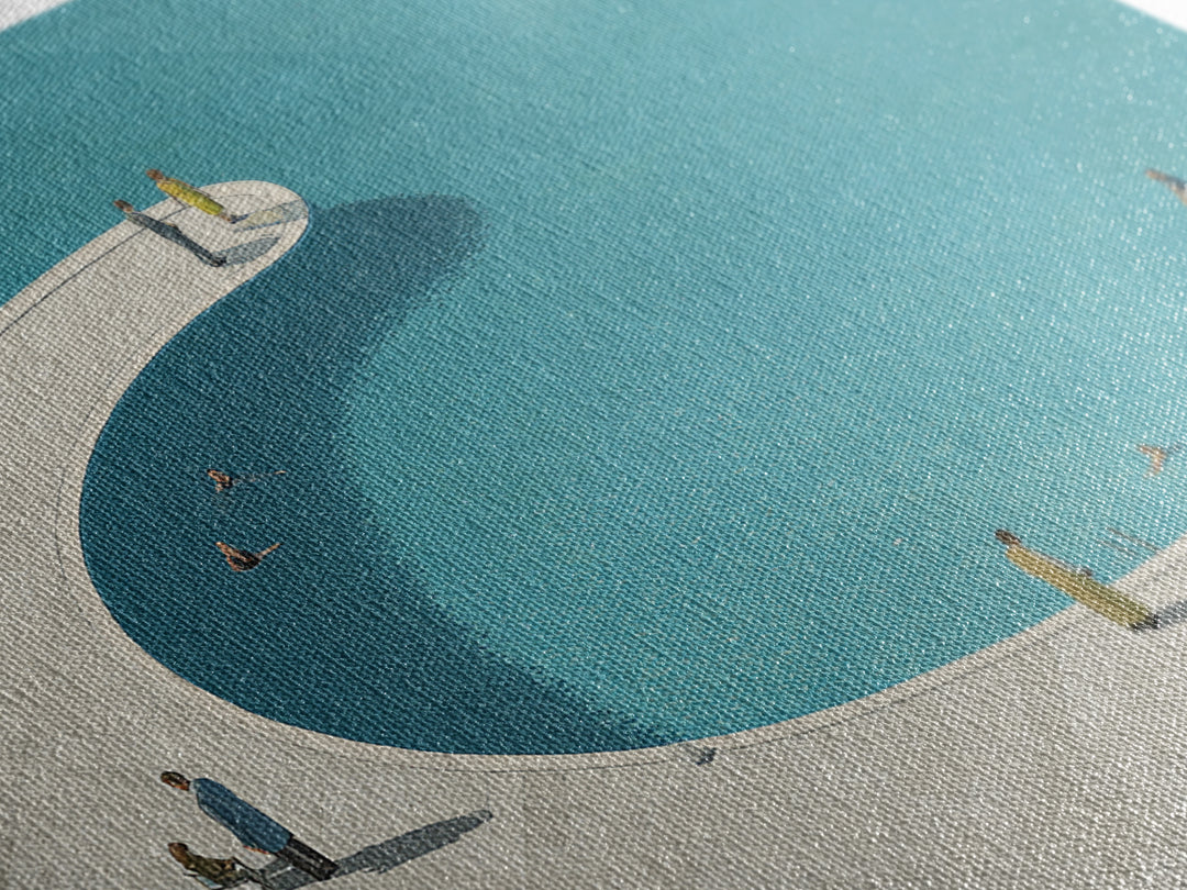 Minimal Curved Pool And Sunbathers Canvas Print, Mid Century Modern Wall Art, Blue Abstract Decor, Retro Summer Poster Print