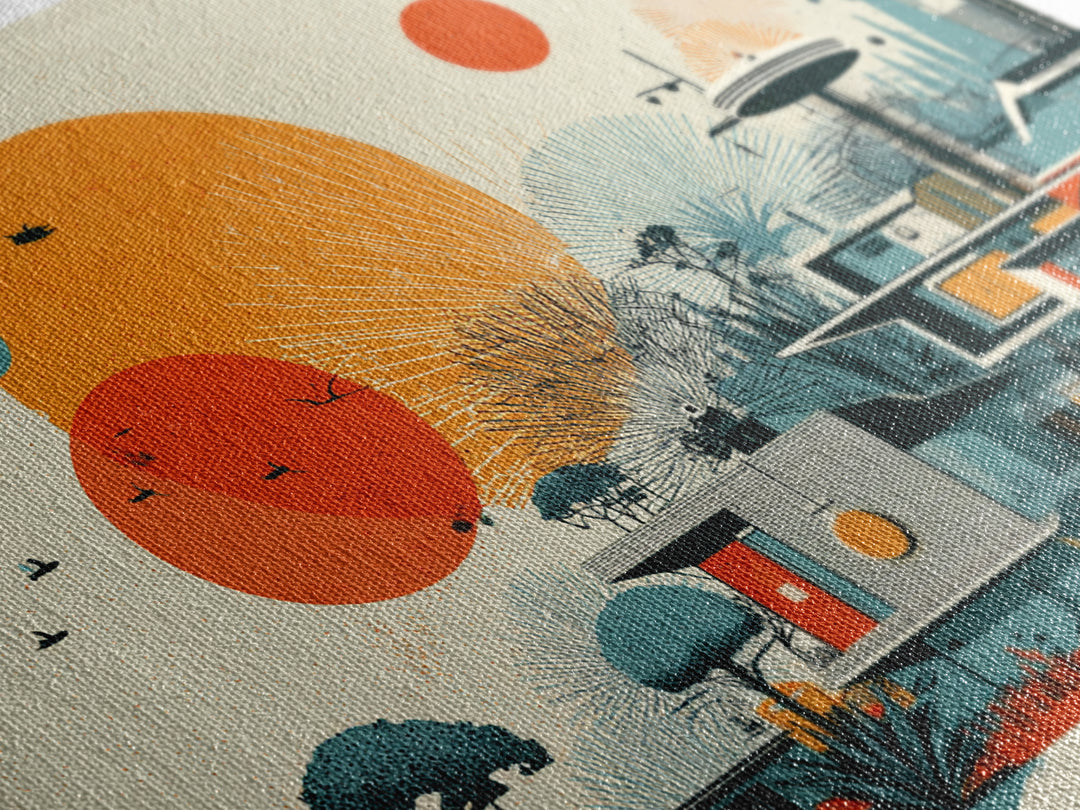Orange Sun Modernist House And Birds Wall Art, Mid Century Modern Canvas Print, Atomic Desert Architecture Decor Poster Print