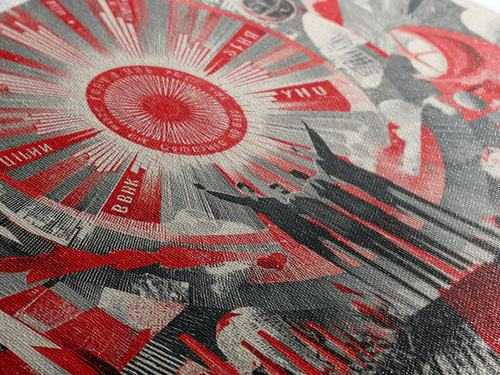 Red Futurist Rally With Rockets And Crowd Wall Art, Soviet Style Space Poster, Retro Sci Fi Propaganda Canvas Print Decor