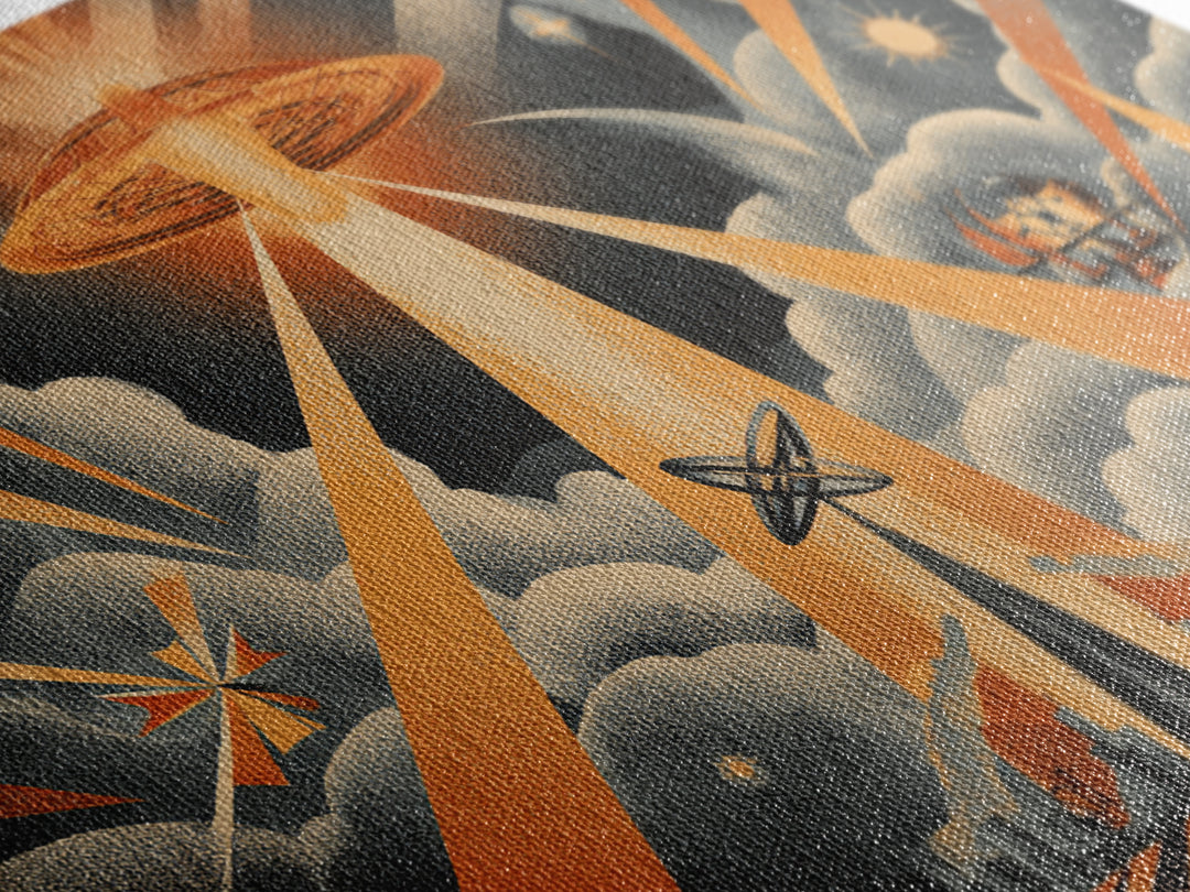 UFO Beam Over City Canvas Print, Retro Sci Fi Poster, Atomic Space Wall Art, Midcentury Modern MCM Decor, Orange Rays Print