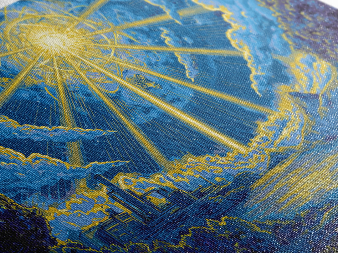Blue Celestial Sunburst Sky Wall Art, Dreamy Cosmic Landscape Poster, Midcentury Modern Decor, Retro Spiritual Art Print