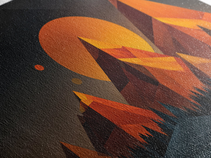 Orange Planet Pyramid Mountains Framed Canvas Print, Retro Futuristic Wall Art, Geometric Sci Fi Poster, MCM Home Decor Print