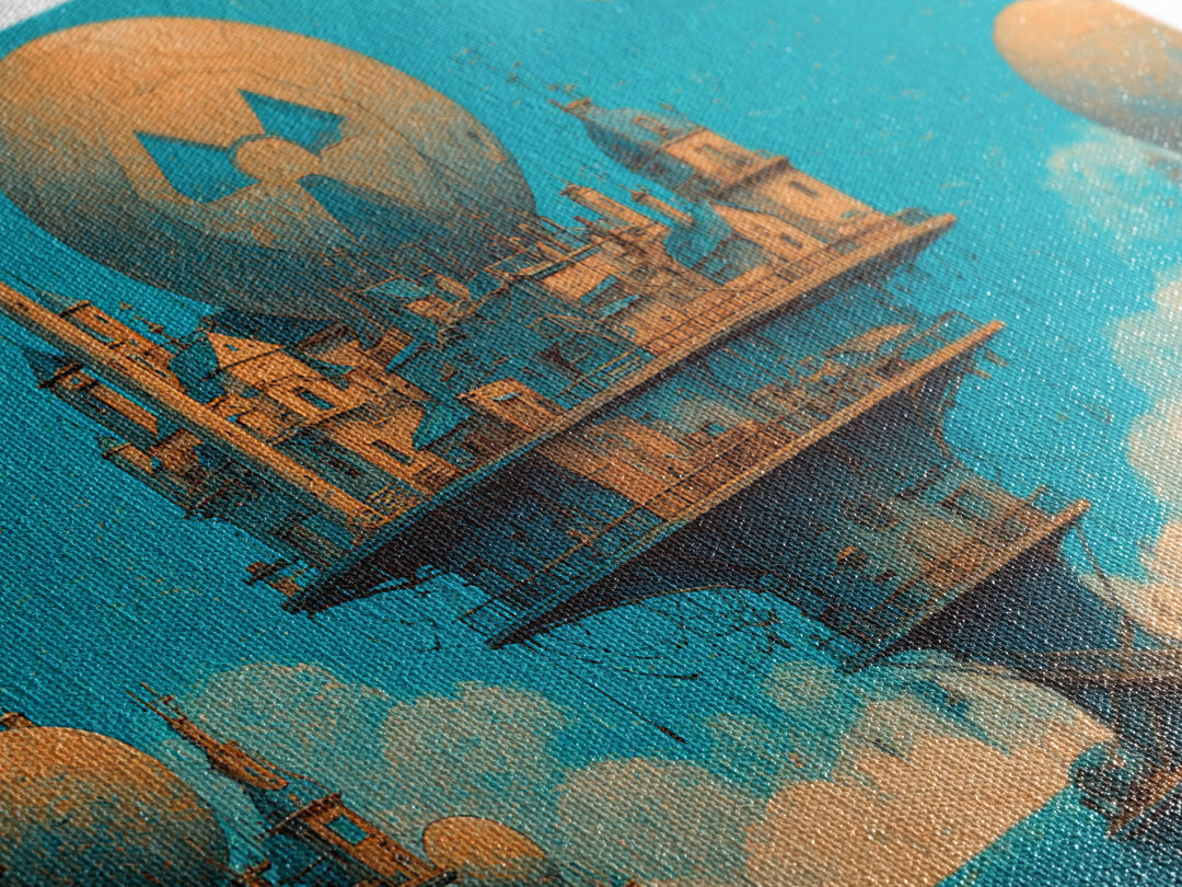 Floating Nuclear City Wall Art, Retro Sci Fi Poster, Industrial Dystopian Decor, Teal Orange Canvas Print, Statement Art