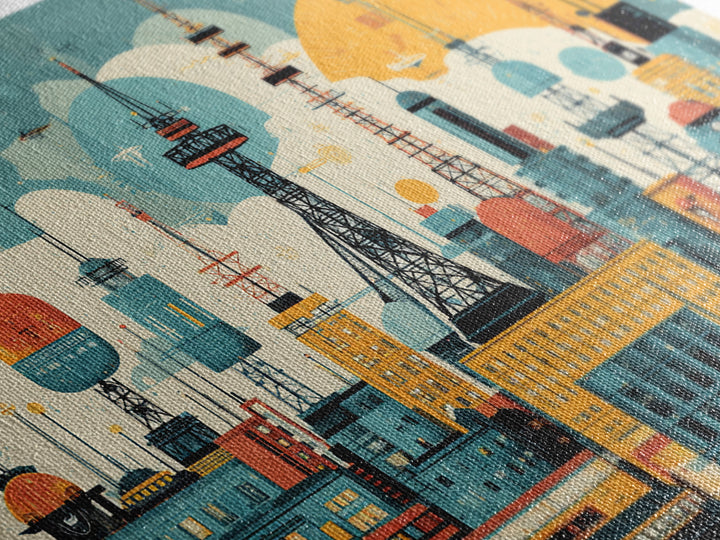Retro Radio Tower City Collage Wall Art, Midcentury Modern Print, Atomic Skyline Poster, Geometric Urban Home Decor, MCM Office Decor